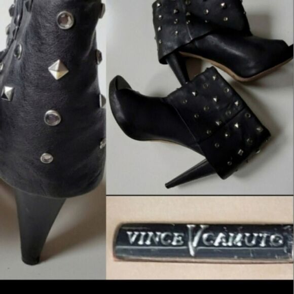 7.5 VINCE CAMUTO STUDDED BLACK LEATHER PEEP CUFFED HEELED BOOTS BOOTIES 7 - Picture 8 of 8